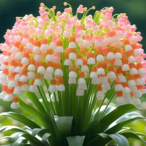 A colorful cluster of lily of the valley flowers with pink and white bell-shaped blooms against lush green foliage