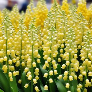 "Yellow and white Lily of the Valley flowers with lush green leaves."