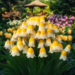 A cluster of Lily of the Valley flowers with white and yellow bell-shaped blooms, surrounded by lush green leaves, in a beautifully landscaped garden.