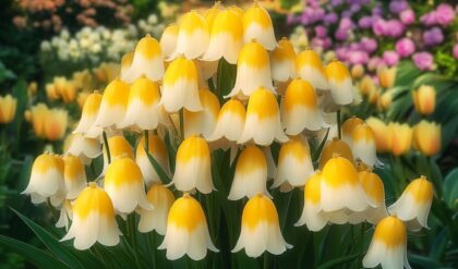 A cluster of Lily of the Valley flowers with white and yellow bell-shaped blooms, surrounded by lush green leaves, in a beautifully landscaped garden.