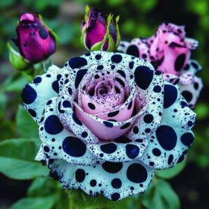 Unique rose with pink and white petals covered in black polka dots