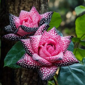 A stunning display of Polka Dot Roses featuring pink petals adorned with black and white polka dots, set against lush green leaves.