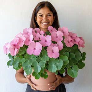 A woman smiling while holding a large Butterfly Plant (Oxalis triangularis) with pink flowers.