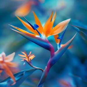 "Vibrant orange and blue bird of paradise flower against a blurred background."