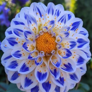 Close-up of dahlia flower with blue and white petals