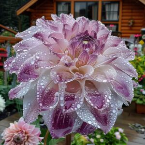 Close-up of a beautiful Dahlia flower with purple and white petals covered in droplets