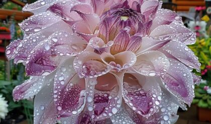 Close-up of a beautiful Dahlia flower with purple and white petals covered in droplets