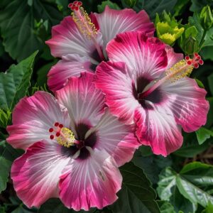 Beautiful pink Hibiscus flowers with striking white stripes and yellow stamens against lush green leaves.