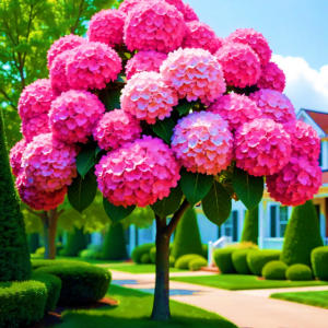 Vibrant Hydrangea Tree 'Candy Bloom' with pink, white, and red blooms against a blue house backdrop