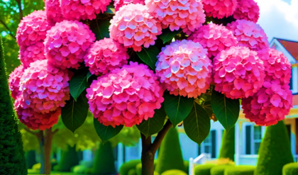 Vibrant Hydrangea Tree 'Candy Bloom' with pink, white, and red blooms against a blue house backdrop