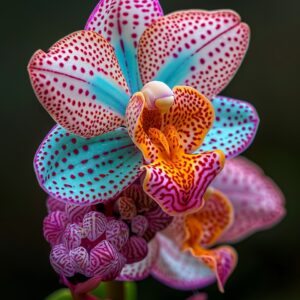 A vibrant orchid with intricate patterns featuring blue, red, and orange hues, showcasing its delicate beauty against a dark background.