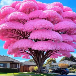 "Vibrant Pink Jacaranda tree with fluffy pink blossoms against a clear blue sky."