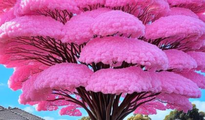 "Vibrant Pink Jacaranda tree with fluffy pink blossoms against a clear blue sky."