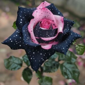 Unique Polka Dot Rose featuring a pink and black design with white speckles, showcasing intricate petals against a blurred garden background