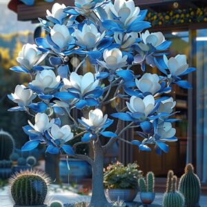 Stylish Magnolia tree with blue and white flowers surrounded by potted cacti