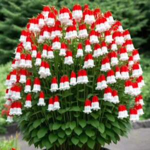 Cluster of vibrant Lily of the Valley flowers with red and white bell-shaped blooms