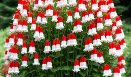 Cluster of vibrant Lily of the Valley flowers with red and white bell-shaped blooms