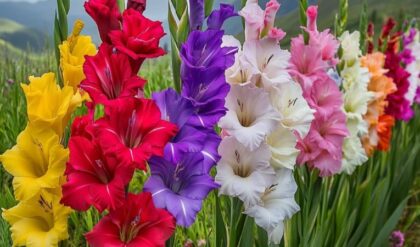 Colorful array of Gladiolus flowers in various shades blooming in a vibrant garden landscape