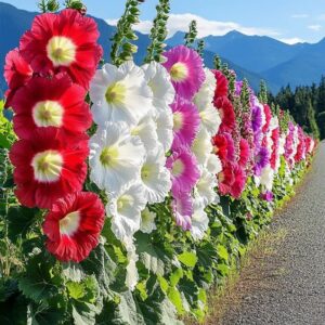 Row of colorful hollyhock flowers along a mountain road