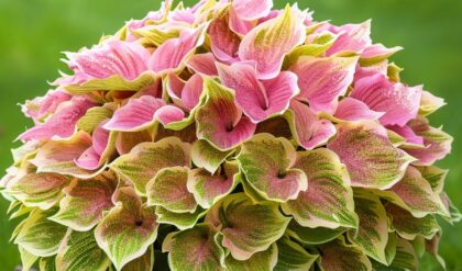 A lush cluster of Hosta plants featuring large, wavy pink and green leaves, arranged beautifully on a bed of wooden logs with a soft green background.