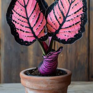 Mermaid Plant with bold pink and black leaves resembling fins, and a textured scaly stem, growing in a rustic terracotta pot