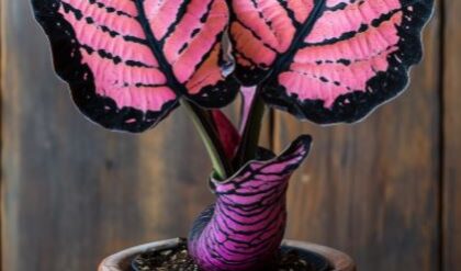 Mermaid Plant with bold pink and black leaves resembling fins, and a textured scaly stem, growing in a rustic terracotta pot