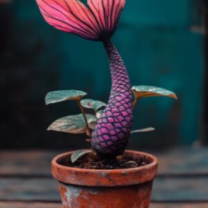 Mermaid Plant with a pink scaly stem and vibrant fins-like leaves in a rustic terracotta pot on a wooden surface