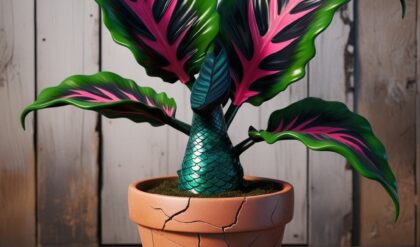 Mermaid Plant with vibrant green and pink leaves in a cracked terracotta pot, featuring a unique mermaid-like stem