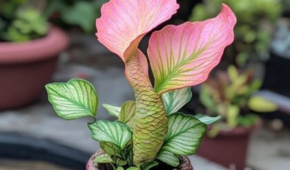 Mermaid Plant with pink and green fin-like leaves and a textured scaly stem, growing in a cracked rustic pot