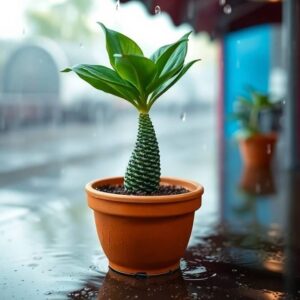 Mermaid Plant with green leaves and a scaly stem in a terracotta pot, placed outdoors on a rainy day