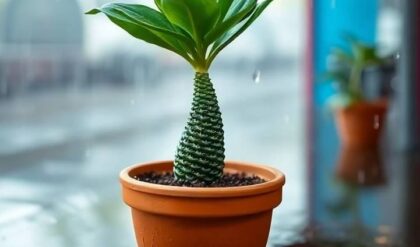 Mermaid Plant with green leaves and a scaly stem in a terracotta pot, placed outdoors on a rainy day