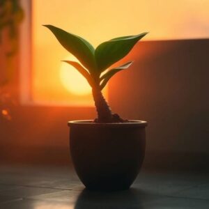 Mermaid Plant with a fish-scale stem and large green leaves in a terracotta pot, illuminated by mystical lighting in a dimly lit room