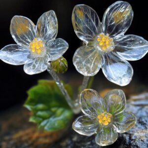 Close-up of Diphylleia Grayi flower with translucent petals and yellow stamens.