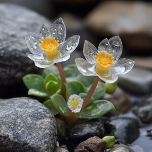 Close-up of Diphylleia Grayi flowers with translucent petals, yellow stamens, and water droplets, growing among rocks.