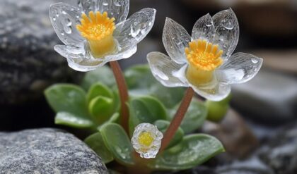 Close-up of Diphylleia Grayi flowers with translucent petals, yellow stamens, and water droplets, growing among rocks.