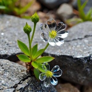 A stunning Diphylleia Grayi flower, also known as the skeleton flower, featuring transparent, glass-like petals and a vibrant yellow center, growing vibrantly between gray rocks.