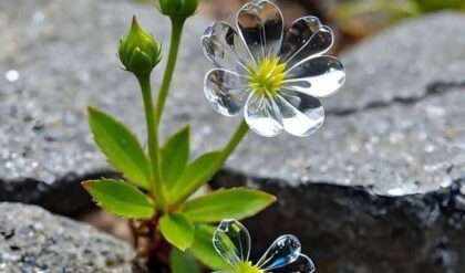 A stunning Diphylleia Grayi flower, also known as the skeleton flower, featuring transparent, glass-like petals and a vibrant yellow center, growing vibrantly between gray rocks.